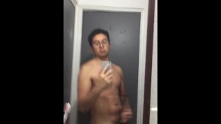 Big dick in front the mirror of a public bathroom didn’t get an erection after cumming twice.