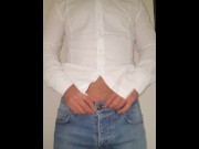 Preview 1 of Guy in blue jeans and white shirt taste his precum & jerk off. Part 1