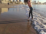Preview 2 of Wet shoot on a public beach with Crazy Model. Risky outdoor masturbation. Foot fetish. Pee in jeans