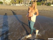 Preview 3 of Wet shoot on a public beach with Crazy Model. Risky outdoor masturbation. Foot fetish. Pee in jeans