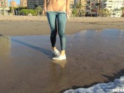 Preview 4 of Wet shoot on a public beach with Crazy Model. Risky outdoor masturbation. Foot fetish. Pee in jeans