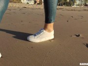 Preview 6 of Wet shoot on a public beach with Crazy Model. Risky outdoor masturbation. Foot fetish. Pee in jeans