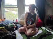 Preview 4 of Stoner slut spanks and fucks herself and almost gets caught