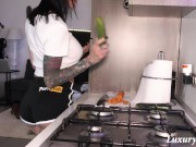 Preview 1 of I get horny handling vegetables, stick a big CUCUMBER in my pussy and SQUIRT twice