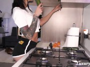 Preview 4 of I get horny handling vegetables, stick a big CUCUMBER in my pussy and SQUIRT twice