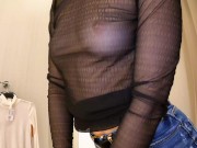 Preview 1 of Sexy teen with small tits try-on haul slim blouses, pullovers in dressing room.