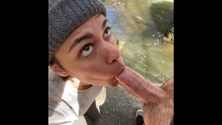 Hiker girl teases, sucks, and fucks by river