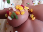 Preview 5 of PORN in SLOW MOTION - SEX DOLL - Jelly Beans Bouncing Off a Nice Pair of Tits