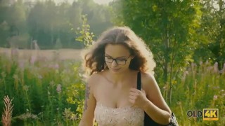 OLD4K. Gal with glasses drilled by friends old dad in the fresh air