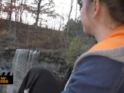 Preview 2 of Outdoor Waterfall Blowjob - Blonde Canadian Green Eyes Almost Gets Caught!