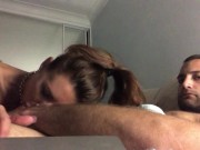 Preview 2 of Pretty Australian milf shows off her cock sucking skills on tattoed mans big cock