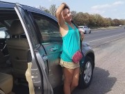 Preview 1 of Up Skirt NO PANTIES # PUBLIC Dildo Exercising during Car Travelling