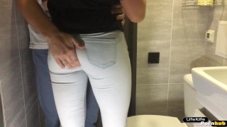 I meet the restaurant waiter in the bathroom, he fucks me, and I give him a blowjob until he cums