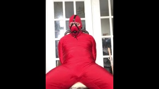 Harness gag and self bondage handcuff on red spandex bodysuit (Thank you 300 subs!)