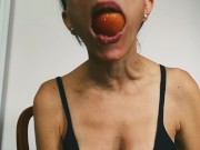 Preview 3 of Eating a juicy peach and showing my neck veins