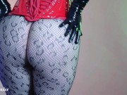 Preview 2 of Curvy buttocks in tight black pantyhose close up. Sexual model with big ass.