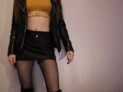 Preview 1 of Skinny girl in boots and leather shorts moves sexually