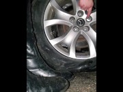 Preview 3 of Christmas Flat Tire-Escort Damsel in dress in rain takes care of herself- Voyeur pov Video-Dialogue