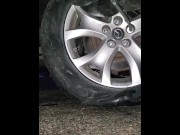 Preview 4 of Christmas Flat Tire-Escort Damsel in dress in rain takes care of herself- Voyeur pov Video-Dialogue