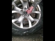 Preview 5 of Christmas Flat Tire-Escort Damsel in dress in rain takes care of herself- Voyeur pov Video-Dialogue