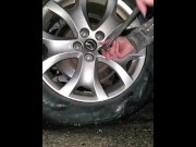 Preview 6 of Christmas Flat Tire-Escort Damsel in dress in rain takes care of herself- Voyeur pov Video-Dialogue