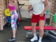 Preview 1 of British gym bunnie milf catches personal trainer wanking in the gym