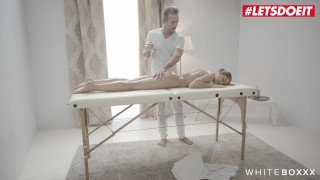 Muscle stepdad gives oil massage to busty teenager and they enjoy hard sex fuck with cum inside