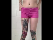 Preview 2 of Girl desperately pissing through her shorts