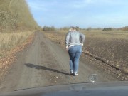 Preview 1 of Pissing on the road in front of the car taking off panties mature bbw milf with a hairy pussy