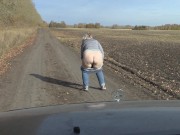 Preview 2 of Pissing on the road in front of the car taking off panties mature bbw milf with a hairy pussy