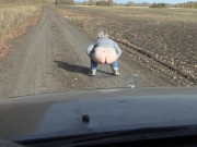 Preview 4 of Pissing on the road in front of the car taking off panties mature bbw milf with a hairy pussy
