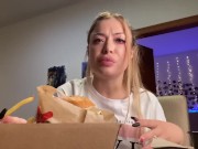 Preview 4 of bitch with big tits eats a hamburger nicely