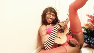 Shemale surprise. Trans girl playing music.