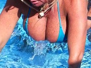 Preview 5 of SEXIEST BIKINI FUCK EVER PT 3. Hooters stepmom fucks Fit stepson in Pool. Gets Huge Facial