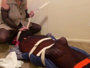 Preview 5 of Nylon Encasement with Asylum Restraints pantyhose Foot Fetish Girl Facesitting and Teasing