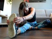 Preview 2 of Sporty girl's sweaty feet and nice socks tease (interview, sweaty feet, gym socks, pov foot worship)