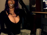 Preview 2 of Purple Sheli Pt2! Double masked girl puts on her leather gloves and plays with her huge rubber tits!