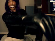 Preview 3 of Purple Sheli Pt2! Double masked girl puts on her leather gloves and plays with her huge rubber tits!