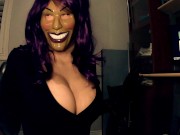 Preview 6 of Purple Sheli Pt2! Double masked girl puts on her leather gloves and plays with her huge rubber tits!