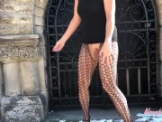 Preview 1 of Hot blonde MILF in heels and fishnets takes a public piss at a cemetery