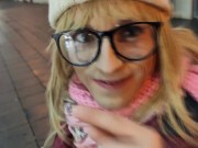 Preview 5 of Sweet tranny has cumshot in public bus and facial in the parking garage!