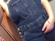 Preview 1 of Wetting denim overalls and rubbing pussy
