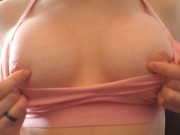 Preview 1 of Girl plays with perfect boobs_spitting, erect nipples_closeup