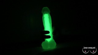 Cutie girl plays with candle wax and dildo glow in the dark and sucks dick in the bathroom