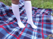 Preview 3 of Schoolgirl in uniform shows legs feet foot in white knee socks and pantyhose under skirt