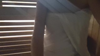 Playing with my pussy in the Hotel´s Sauna while my boyfriend is waiting in our room upstairs