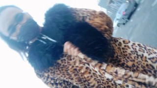 Asian Sissy Ladyboy Walking in the City in Leopard Coat