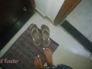 Preview 4 of Travelling girl without panties washes her dirty feet in bathroom after walking down on the street