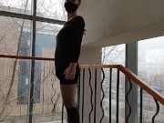 Preview 4 of Girl with perfect ass walking bottomless on public stairs in office building