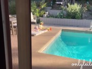 Preview 1 of Lesbian Best Friends Oiled Up Dildo Sex Outside by the Pool